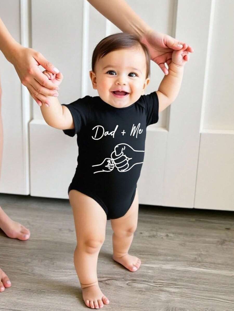 Baby Boy Dad and Me Fist Bump Print Short Sleeve Bodysuit Casual Spring Summer Outfit