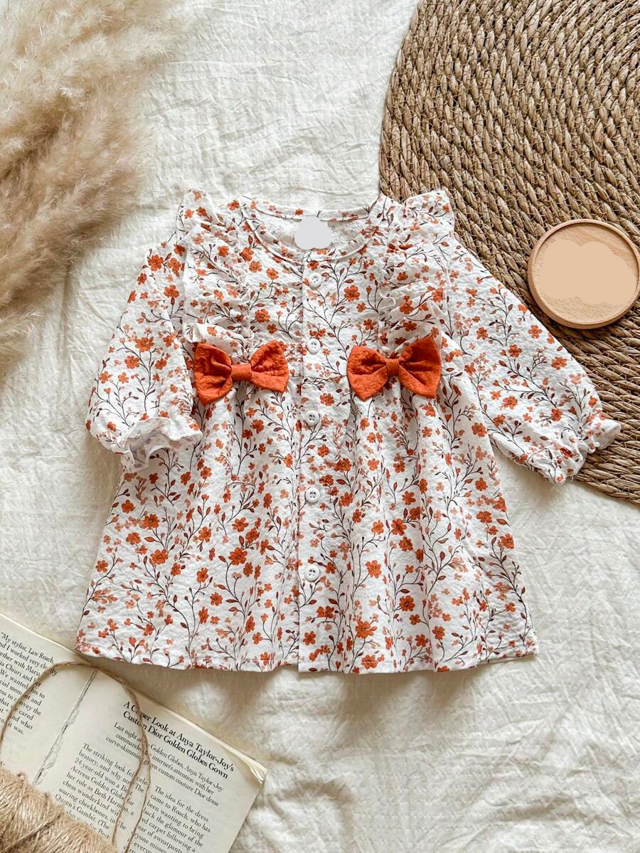Baby Cherry Print Bow Dress for Elegant Cute All Season Wear