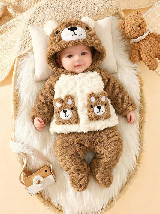 2 Piece Newborn Baby and Toddler Cute Bear Hooded Outfit Soft Plush Sweatshirt Set