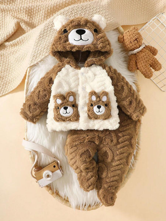 2 Piece Newborn Baby and Toddler Cute Bear Hooded Outfit Soft Plush Sweatshirt Set