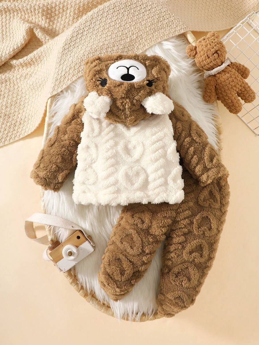 2 Piece Newborn Baby and Toddler Cute Bear Hooded Outfit Soft Plush Sweatshirt Set