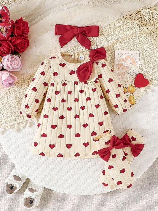 3PCS Baby Dress Gift Set with Bow Headband and Socks for Cute Daily Wear