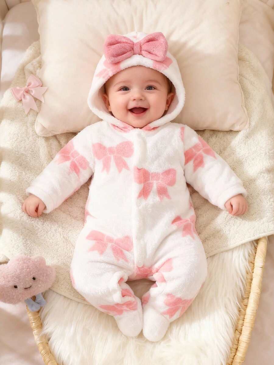 Baby Pink Bow Print Hooded Flannel Jumpsuit for Cozy Daily Wear