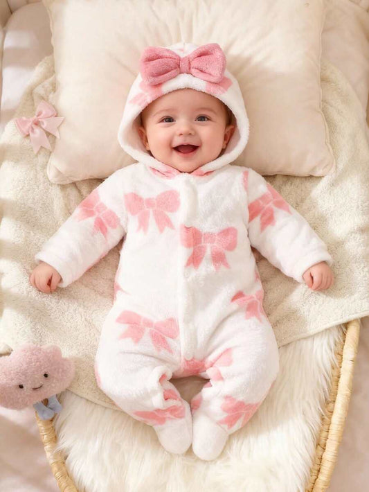 Baby Pink Bow Print Hooded Flannel Jumpsuit for Cozy Daily Wear