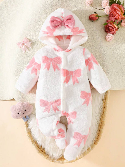 Baby Pink Bow Print Hooded Flannel Jumpsuit for Cozy Daily Wear