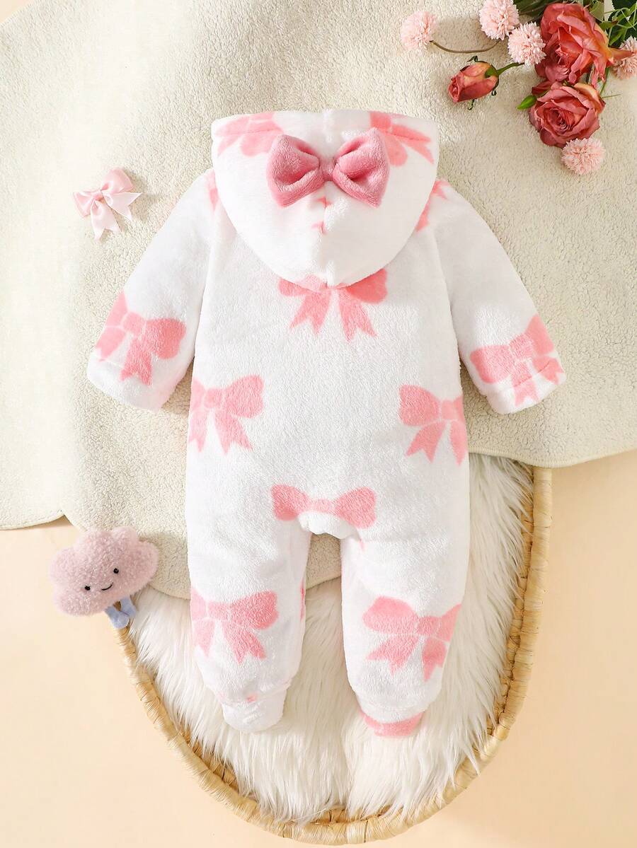 Baby Pink Bow Print Hooded Flannel Jumpsuit for Cozy Daily Wear