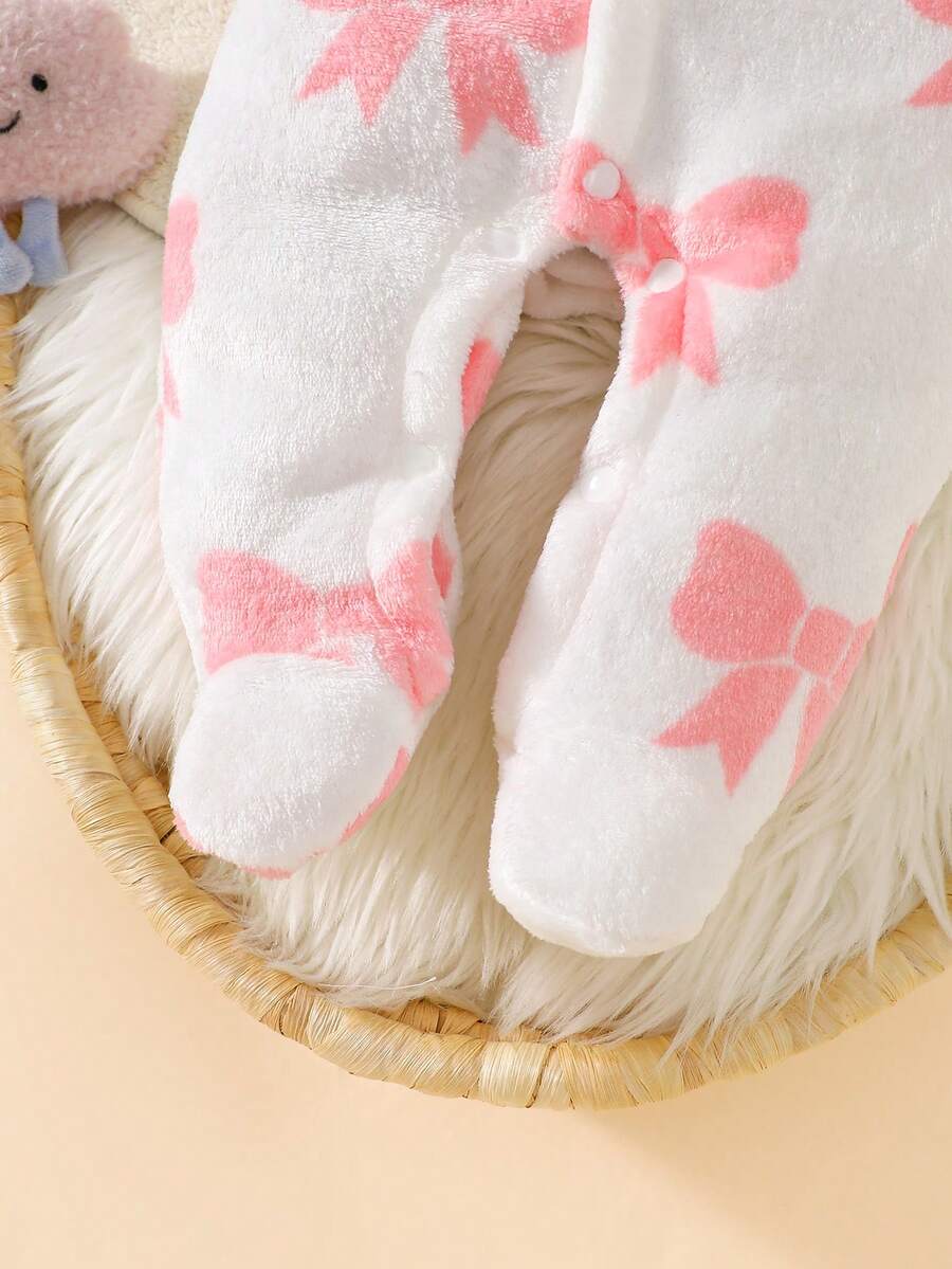 Baby Pink Bow Print Hooded Flannel Jumpsuit for Cozy Daily Wear