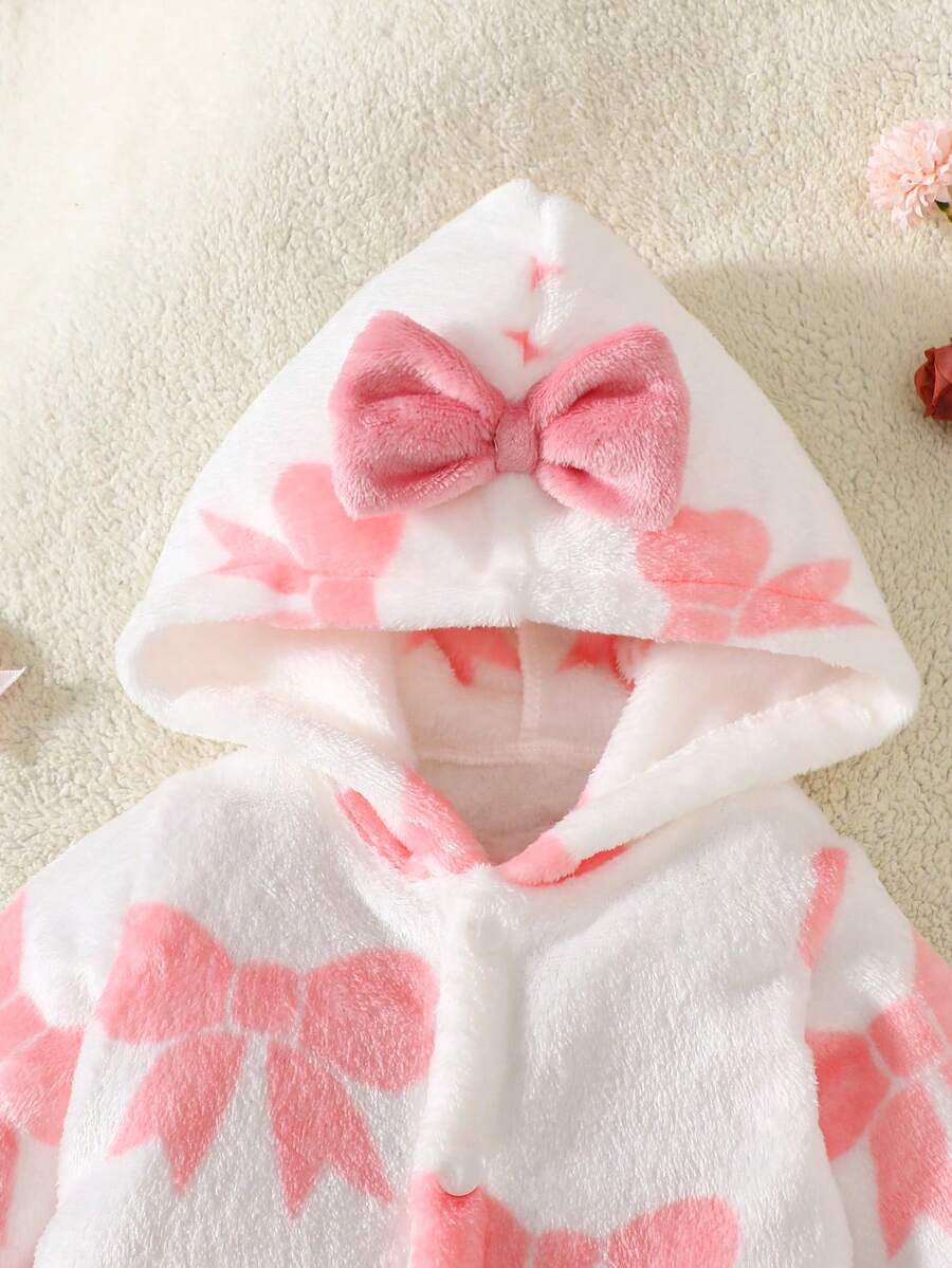 Baby Pink Bow Print Hooded Flannel Jumpsuit for Cozy Daily Wear