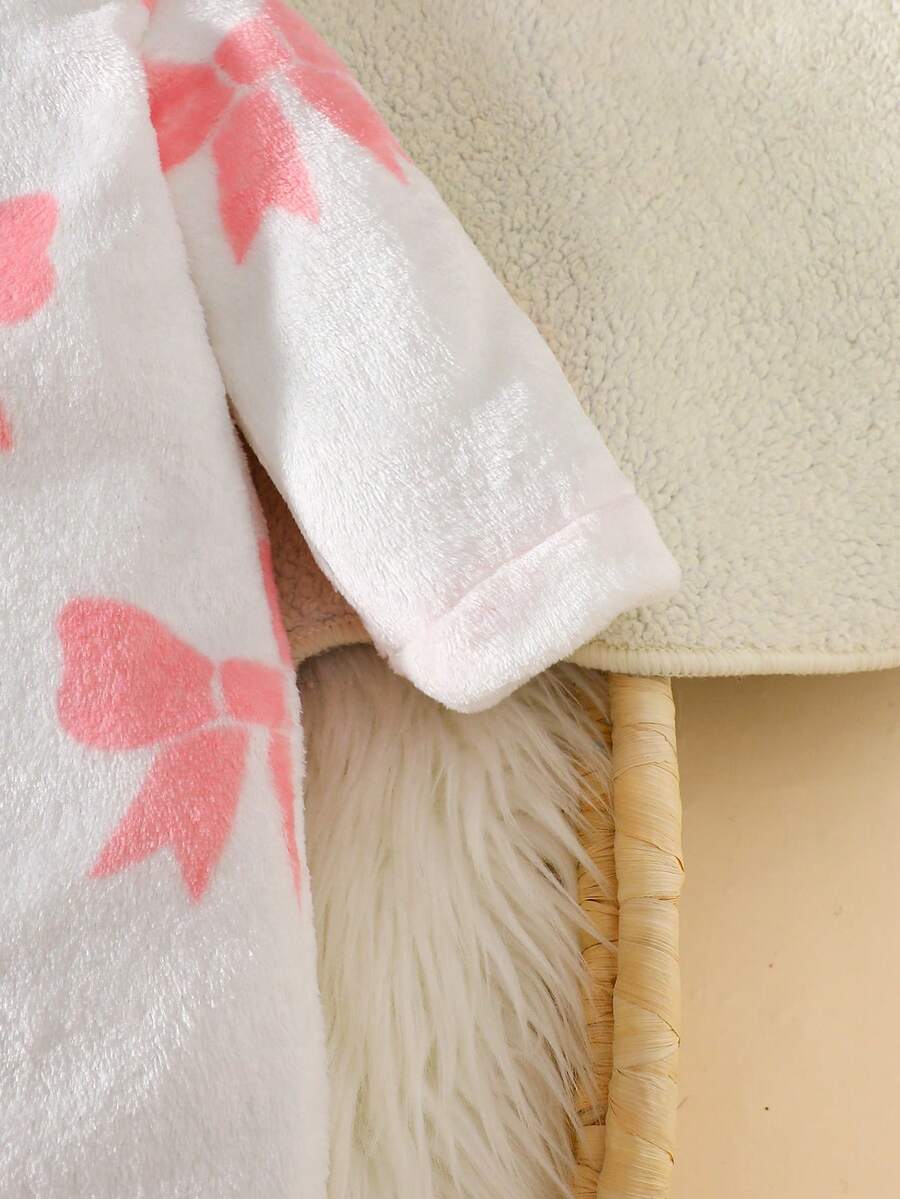 Baby Pink Bow Print Hooded Flannel Jumpsuit for Cozy Daily Wear