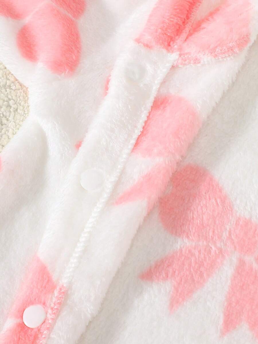 Baby Pink Bow Print Hooded Flannel Jumpsuit for Cozy Daily Wear