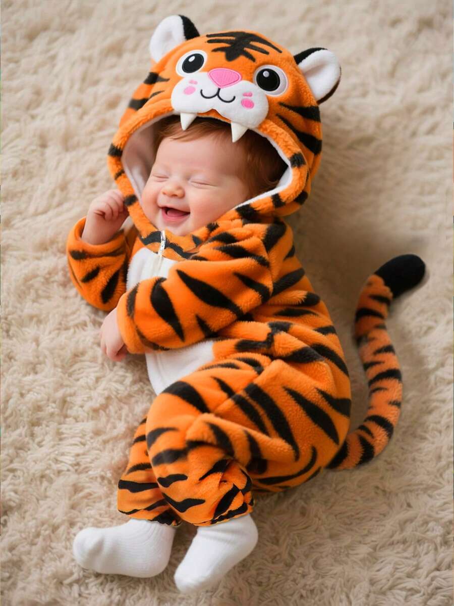 Tiger Plush Jumpsuit with 3D Hat and Tail for Cute Winter Daily Wear