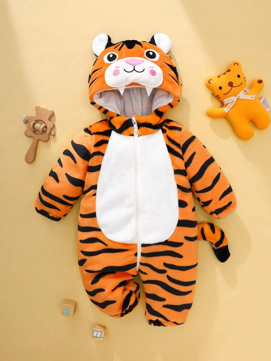 Tiger Plush Jumpsuit with 3D Hat and Tail for Cute Winter Daily Wear