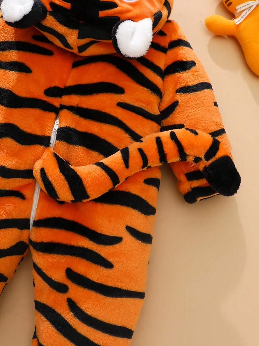 Tiger Plush Jumpsuit with 3D Hat and Tail for Cute Winter Daily Wear