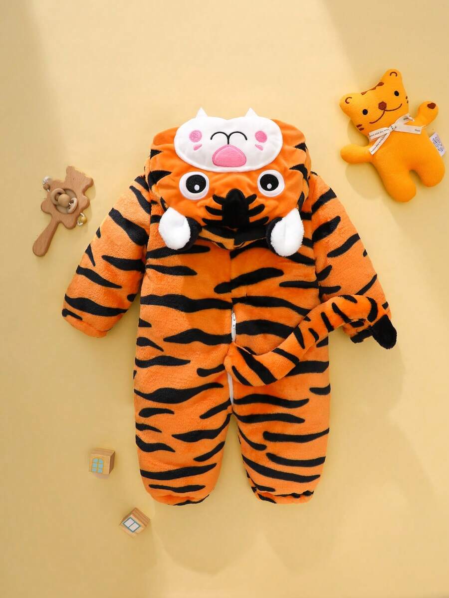 Tiger Plush Jumpsuit with 3D Hat and Tail for Cute Winter Daily Wear