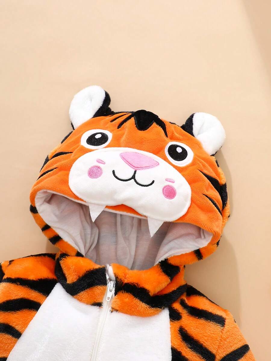 Tiger Plush Jumpsuit with 3D Hat and Tail for Cute Winter Daily Wear