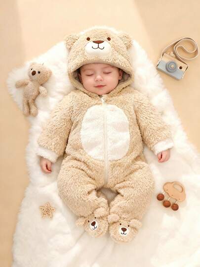 Bear Ear Hooded Jumpsuit with 3D Hat for Cute Winter Daily Wear