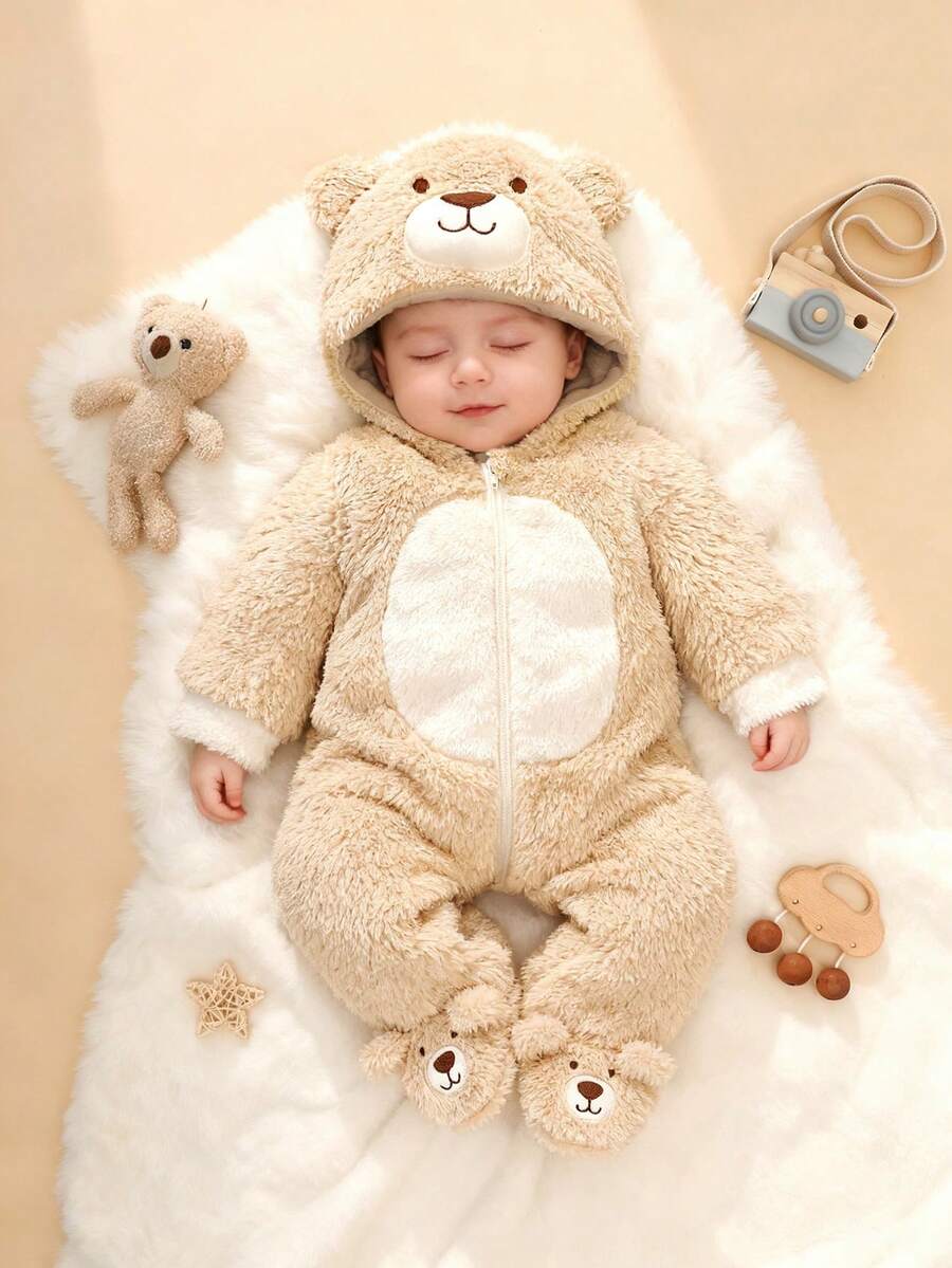 Bear Ear Hooded Jumpsuit with 3D Hat for Cute Winter Daily Wear