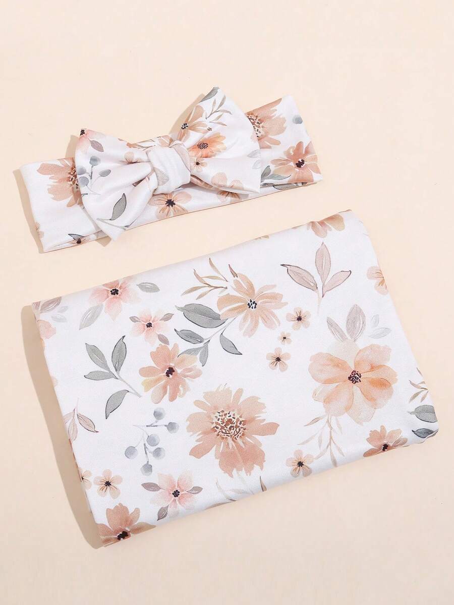 Newborn Baby Swaddle Blanket and Bow Headband Set Infant Receiving Blanket Photo Prop Set