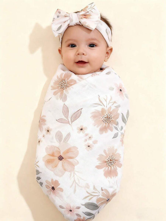 Newborn Baby Swaddle Blanket and Bow Headband Set Infant Receiving Blanket Photo Prop Set