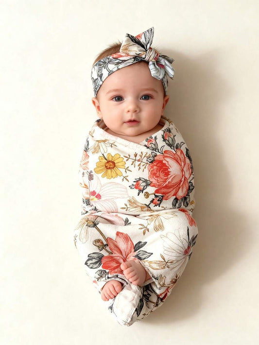 Newborn Baby Swaddle Blanket and Bow Headband Set Infant Receiving Blanket Photo Prop Set