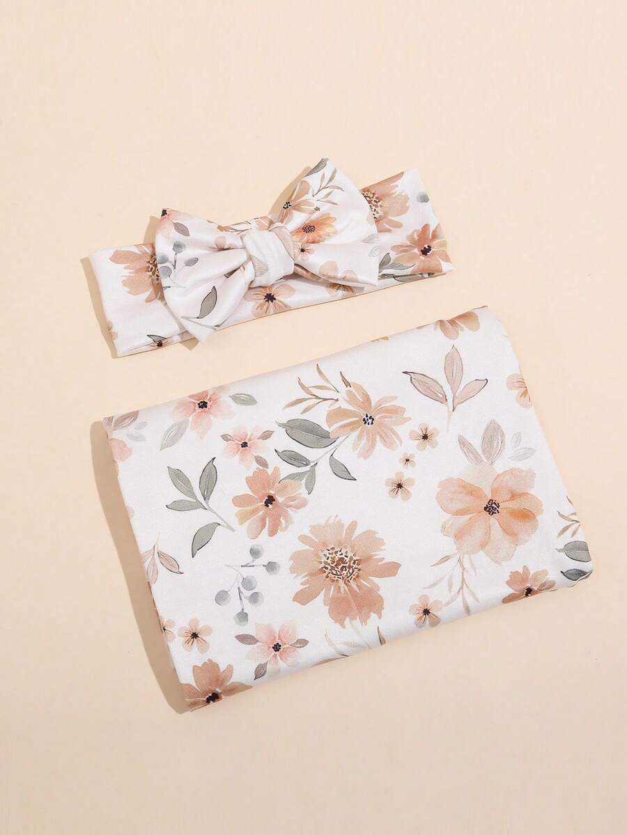 Newborn Baby Swaddle Blanket and Bow Headband Set Infant Receiving Blanket Photo Prop Set