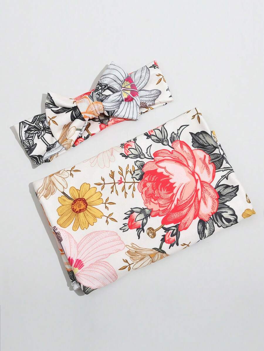 Newborn Baby Swaddle Blanket and Bow Headband Set Infant Receiving Blanket Photo Prop Set