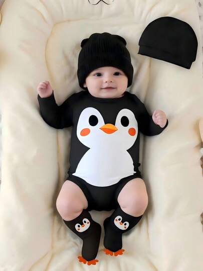 Penguin Print Jumpsuit Hat and Sock Cover Outfit Set for Cute Autumn and Winter Wear