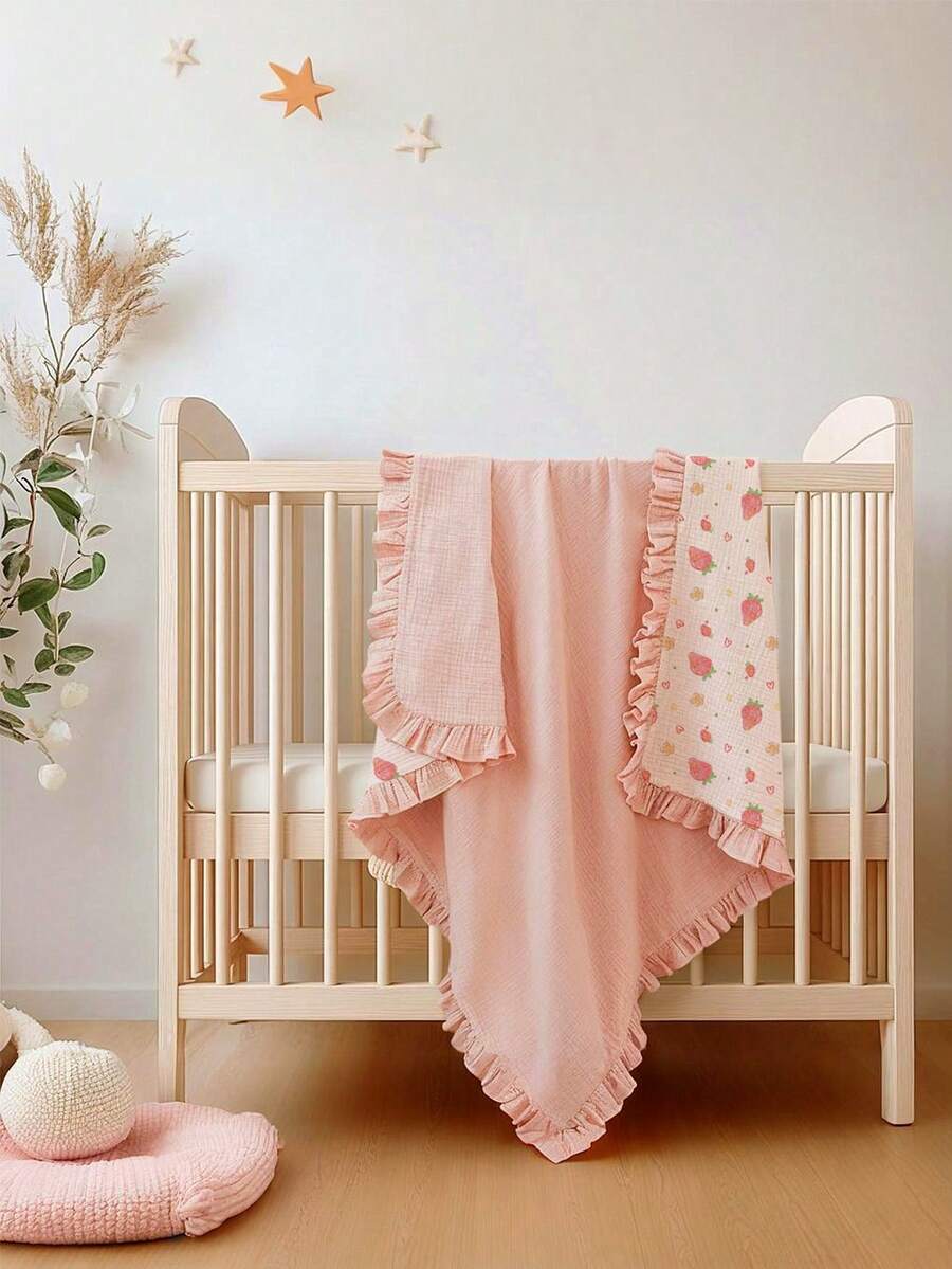 Floral Baby Cotton Blanket Soft Ruffle Edge Receiving Blanket for Newborns and Infants