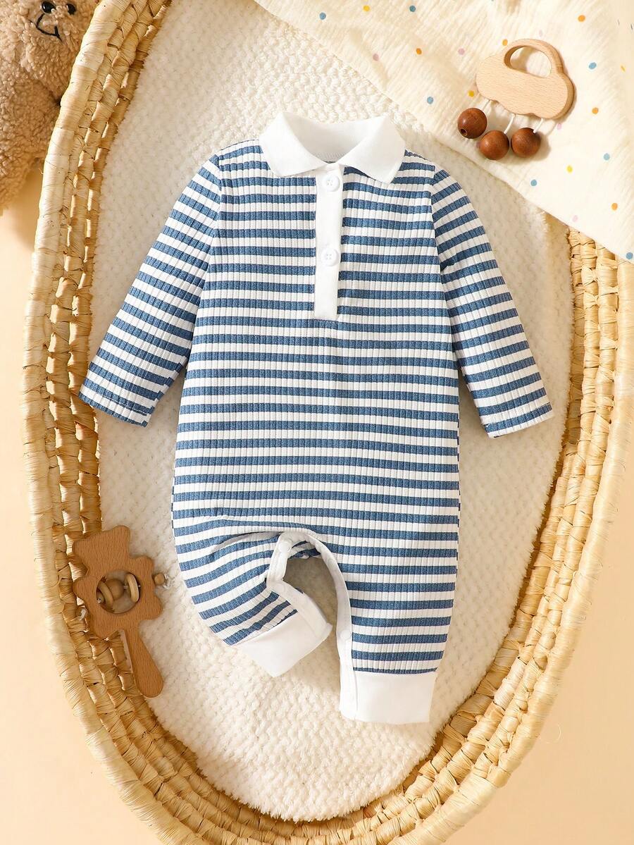 Baby Striped Collar Long Sleeve Jumpsuit for Cozy Daily Wear in Fall and Winter