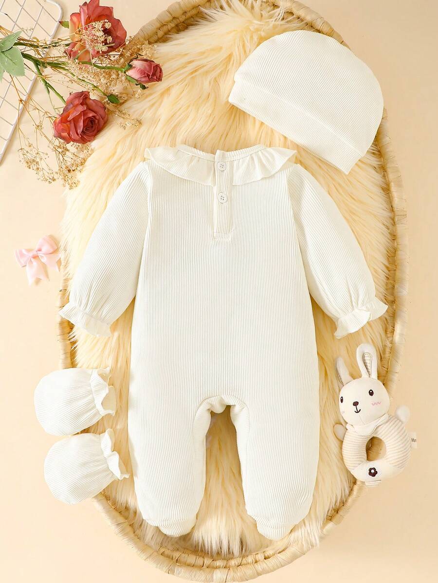 Baby Girl 3pcs Autumn Outfit - Puffed Sleeve Princess Romper & Bow Set (0-9M)