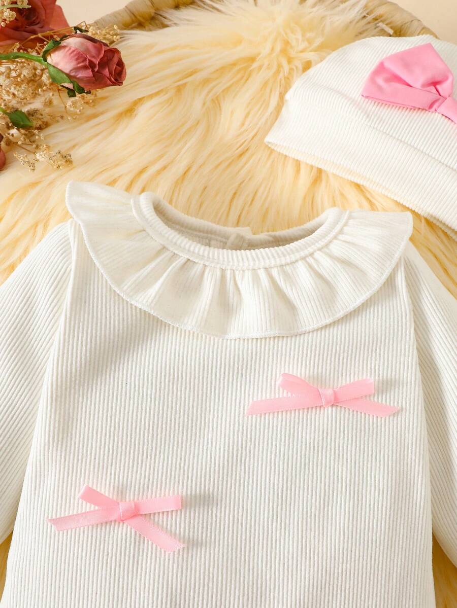 Baby Girl 3pcs Autumn Outfit - Puffed Sleeve Princess Romper & Bow Set (0-9M)