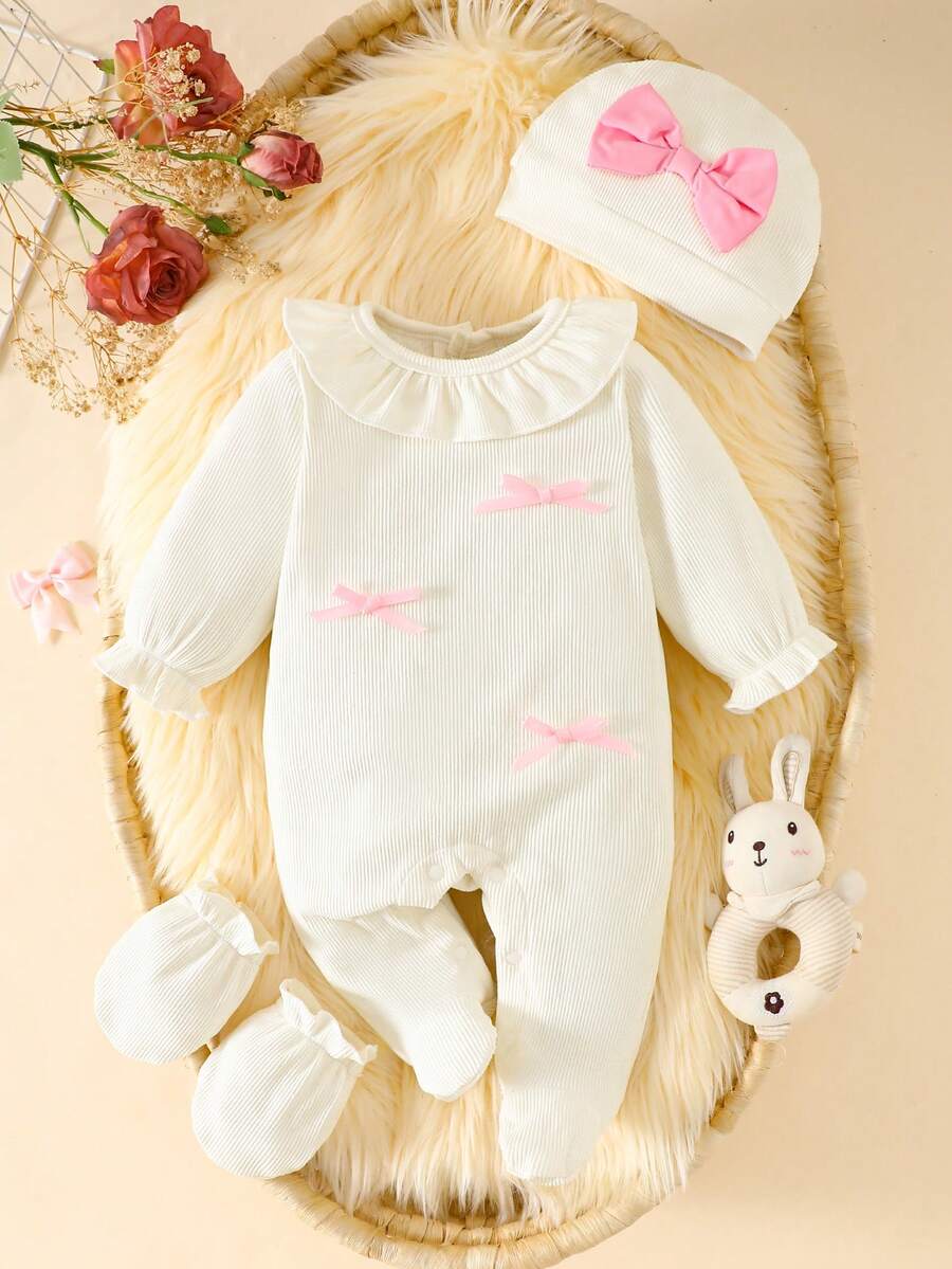 Baby Girl 3pcs Autumn Outfit - Puffed Sleeve Princess Romper & Bow Set (0-9M)