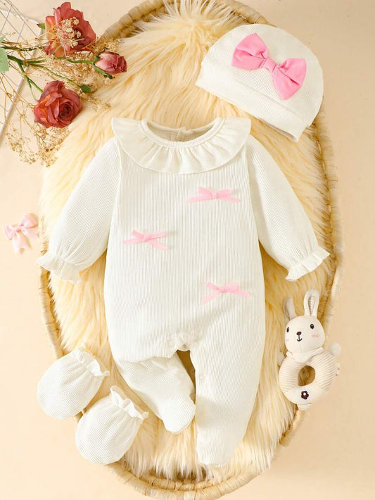 Baby Girl 3pcs Autumn Outfit - Puffed Sleeve Princess Romper & Bow Set (0-9M)