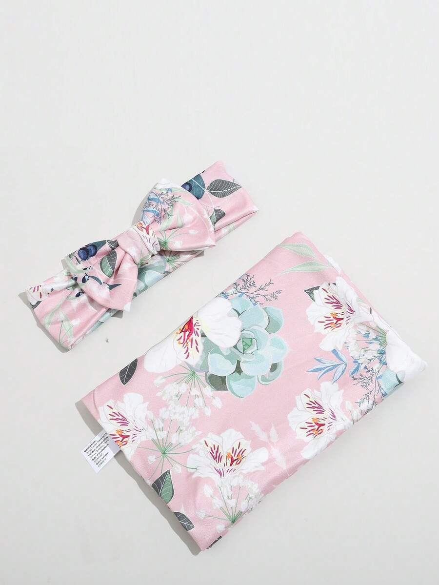 Newborn Baby Swaddle Blanket and Bow Headband Set Infant Receiving Blanket Photo Prop Set