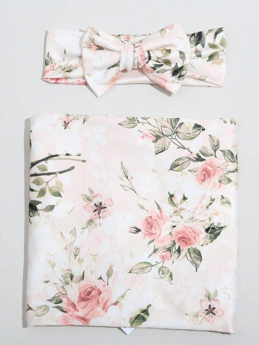 Newborn Baby Swaddle Blanket and Bow Headband Set Infant Receiving Blanket Photo Prop Set