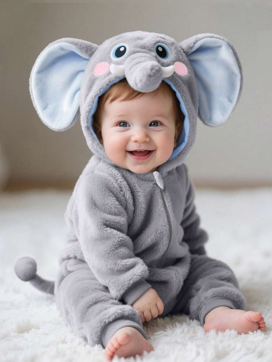 Plush Bear Ear Hooded Jumpsuit for Cute Autumn and Winter Daily Wear