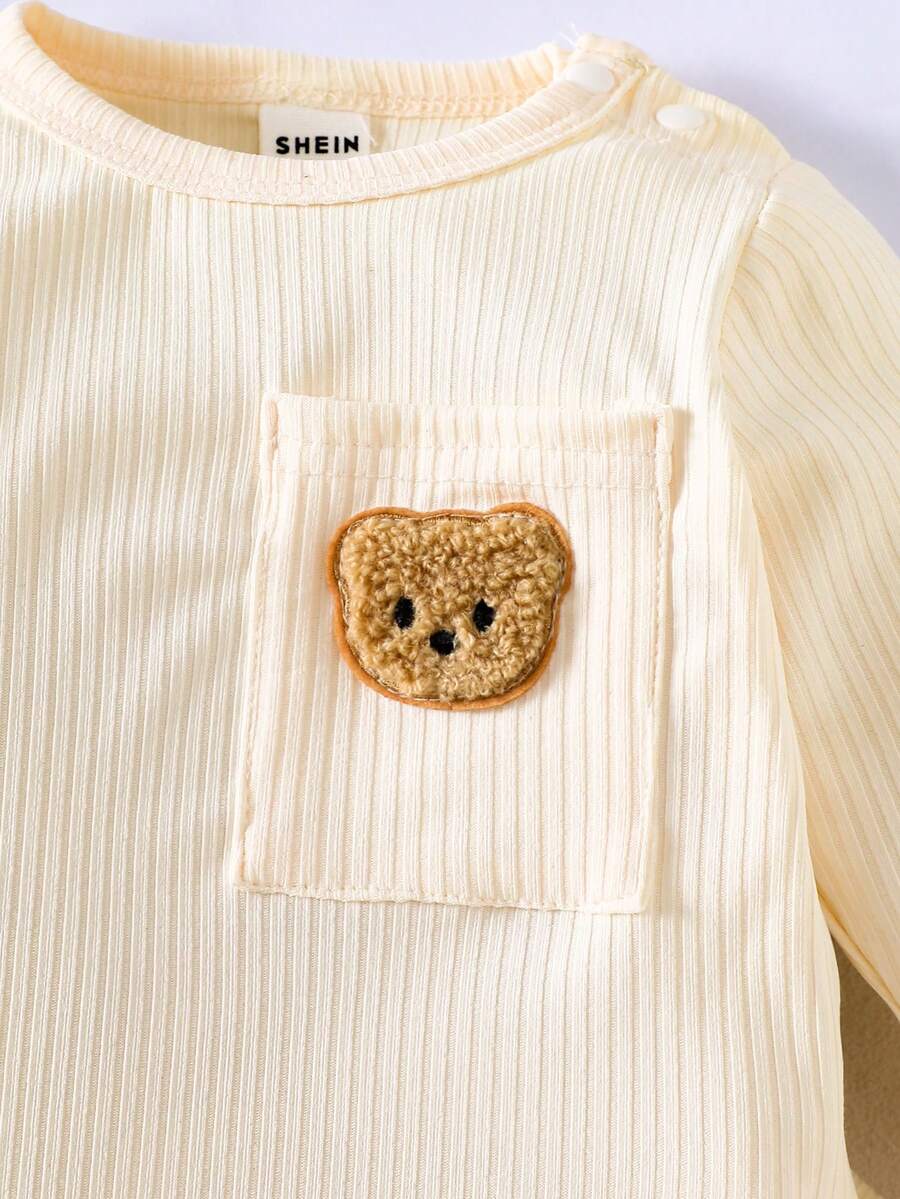 Bear Pattern Textured Pocket Top for Cute Daily Wear