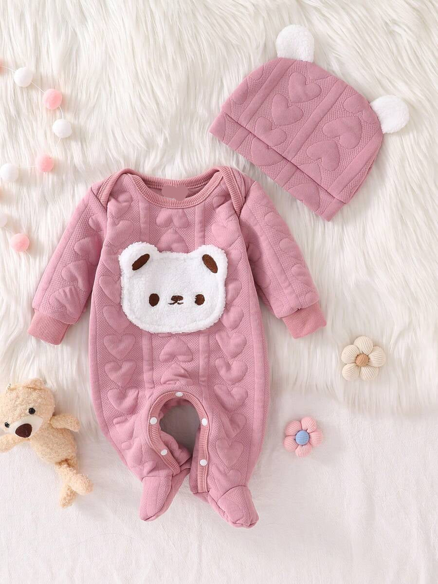 2PCS Newborn Baby Bear Print Long Sleeve Romper & Hat Set – Cozy Winter Outfit