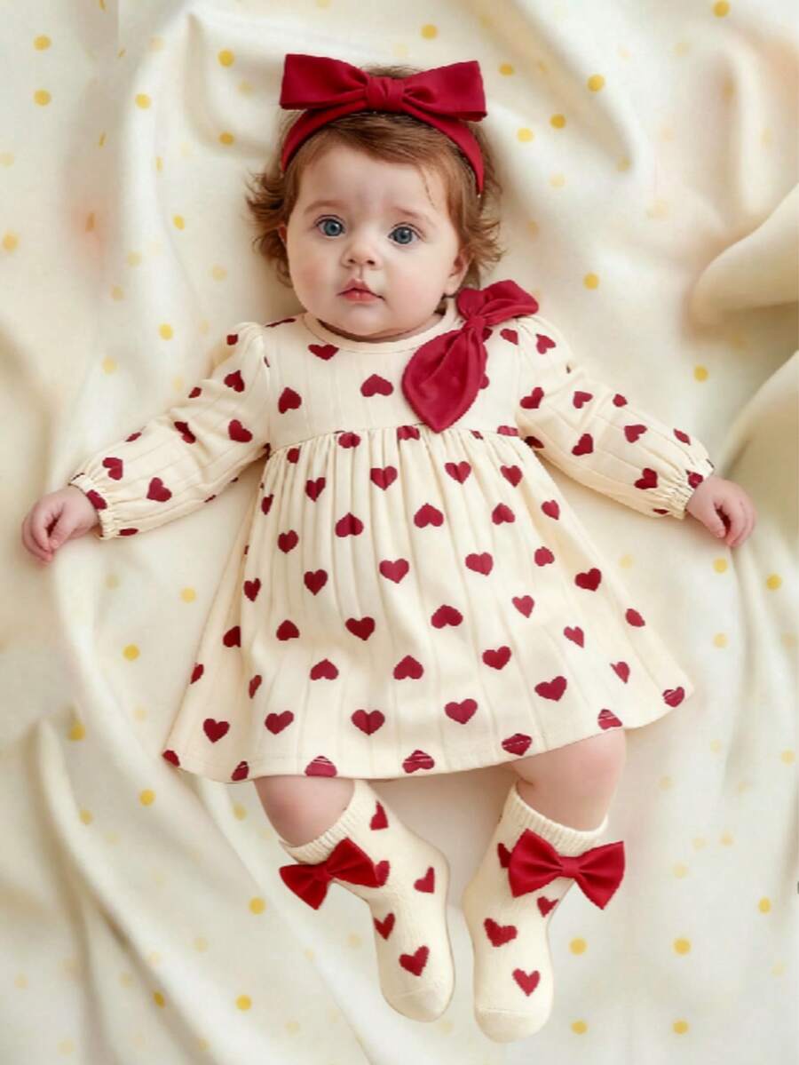 3PCS Baby Dress Gift Set with Bow Headband and Socks for Cute Daily Wear