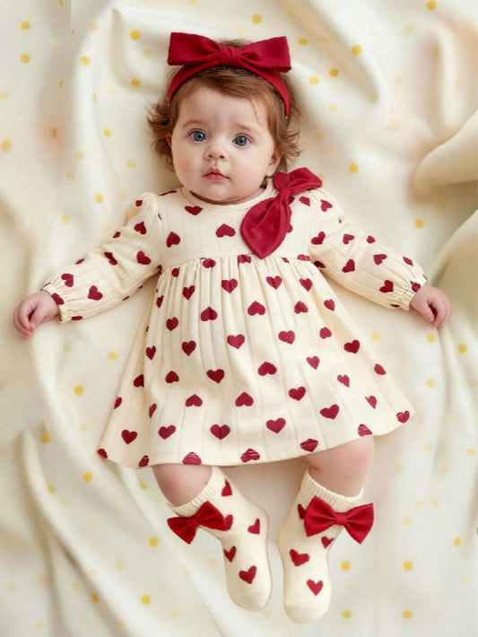 3PCS Baby Dress Gift Set with Bow Headband and Socks for Cute Daily Wear