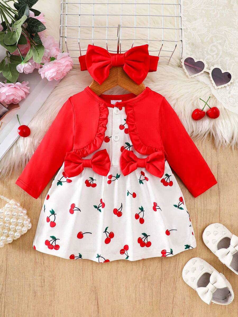 Baby Floral Bow Dress and Headband Set for Sweet Autumn and Winter Daily Wear