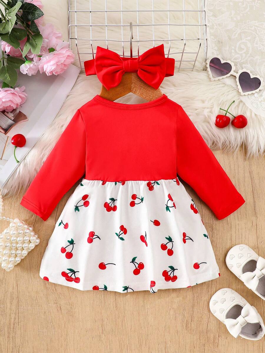 Baby Floral Bow Dress and Headband Set for Sweet Autumn and Winter Daily Wear