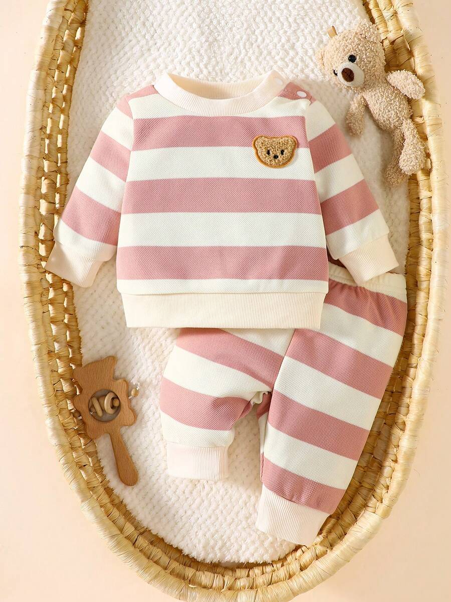 Baby Boy Black and White Striped Teddy Bear Top and Pants Set