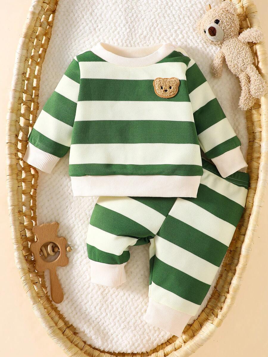 Baby Boy Black and White Striped Teddy Bear Top and Pants Set