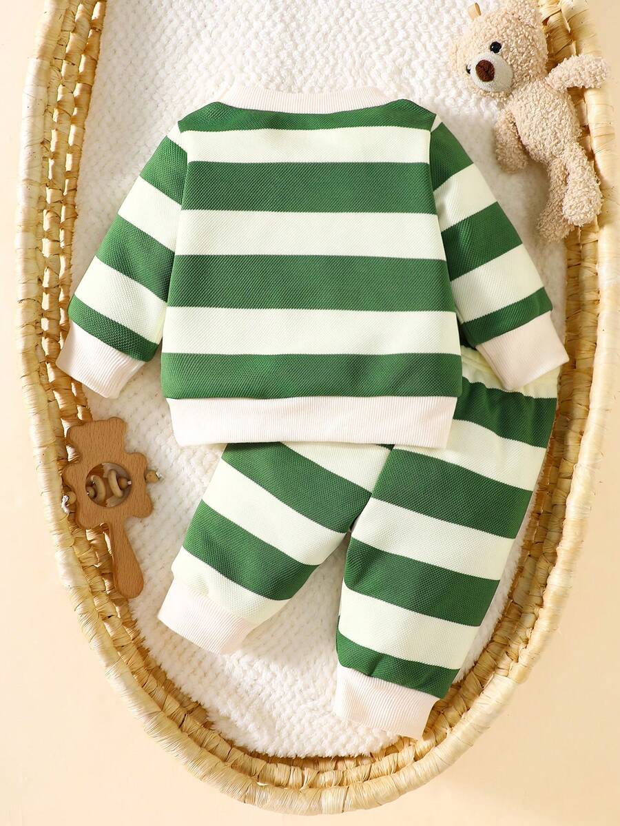 Baby Boy Black and White Striped Teddy Bear Top and Pants Set