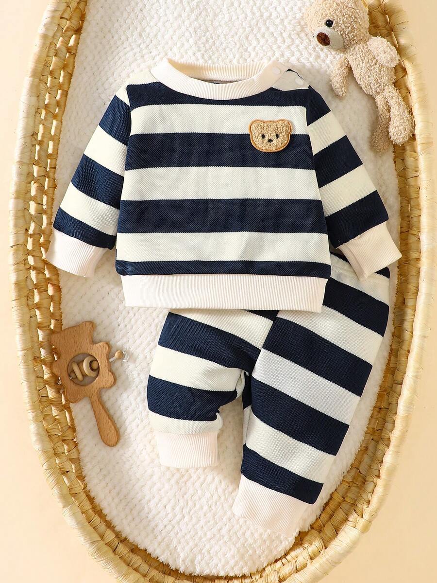 Baby Boy Black and White Striped Teddy Bear Top and Pants Set