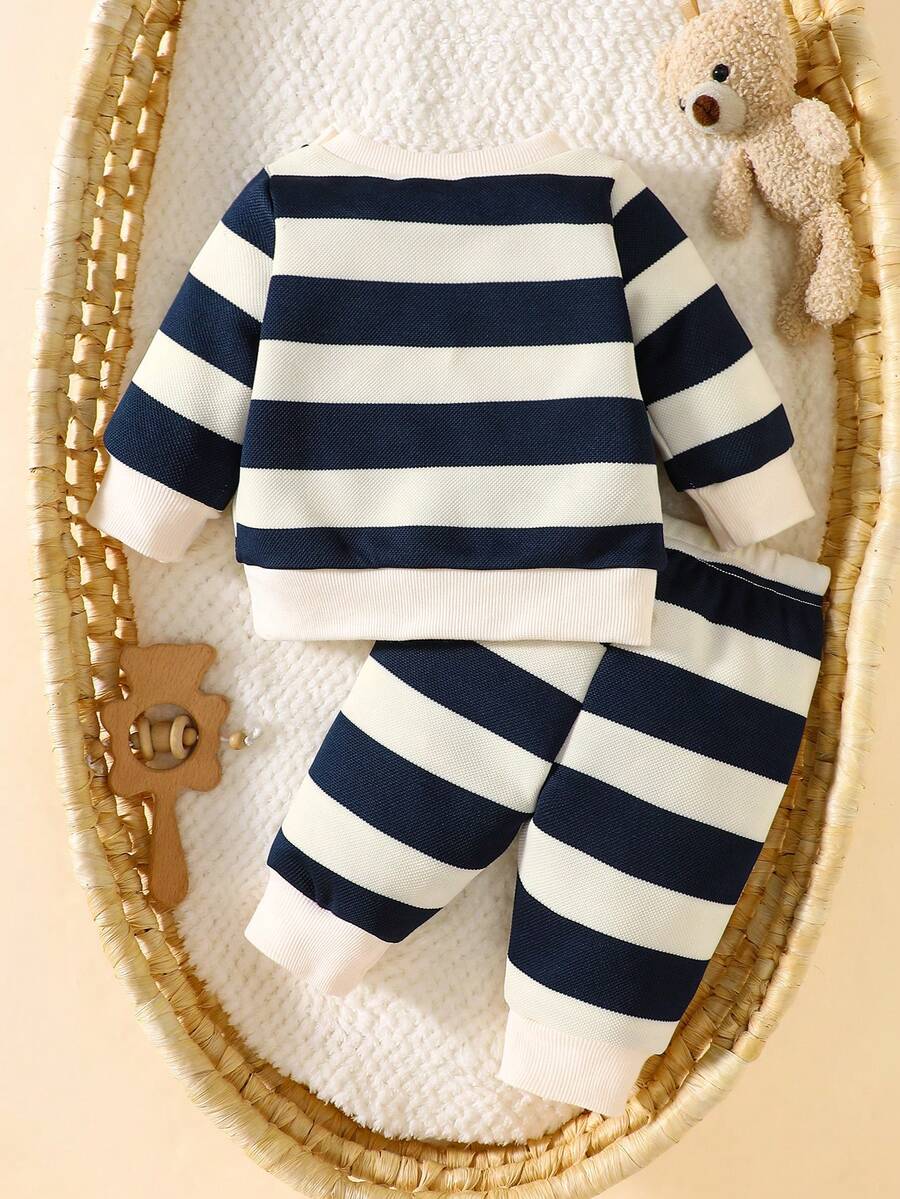 Baby Boy Black and White Striped Teddy Bear Top and Pants Set