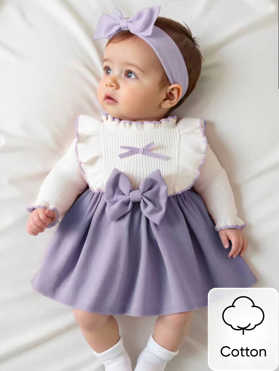Baby Heart Pattern Dress and Headband Set for Cute All Season Daily Wear