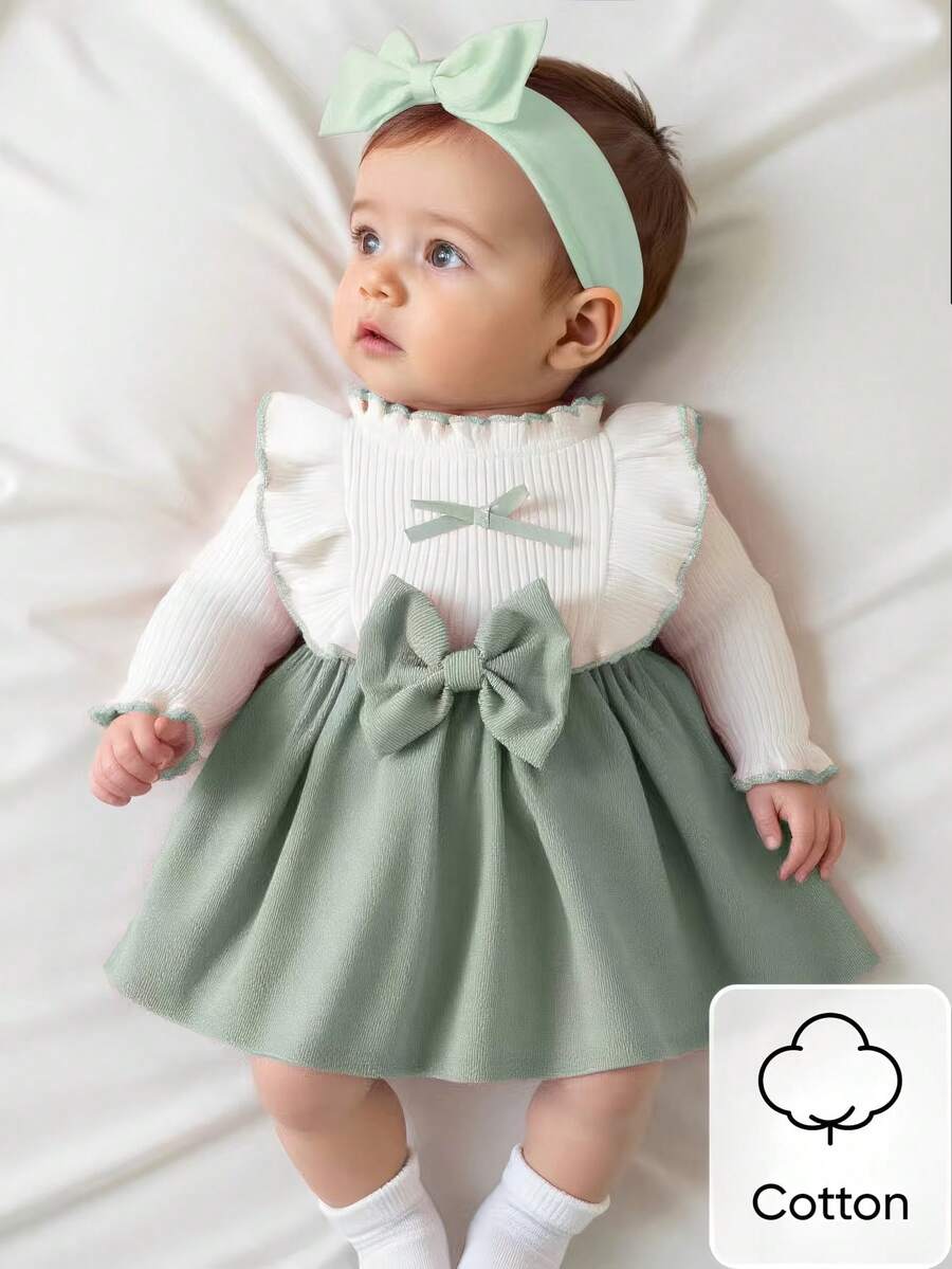 Baby Heart Pattern Dress and Headband Set for Cute All Season Daily Wear
