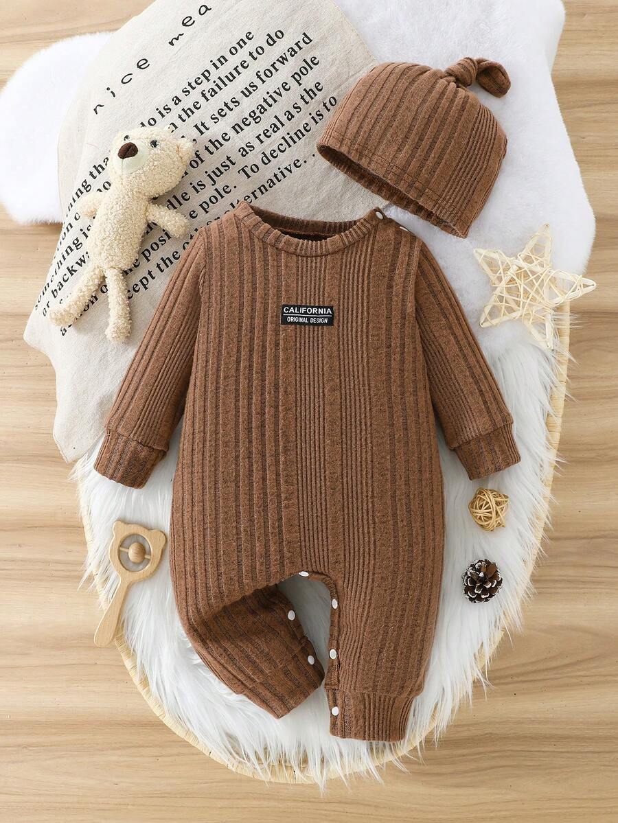 Baby Ribbed Knit Long Sleeve Jumpsuit Set with Matching Hat for Daily Wear